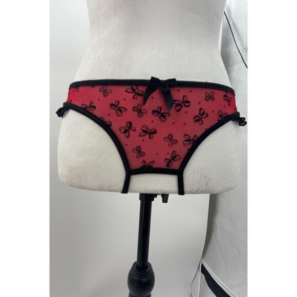 Red & Black Sheer Lingerie Set – Size Large – Crotchless – Bow Print – Ruffle Tr - Picture 4 of 12